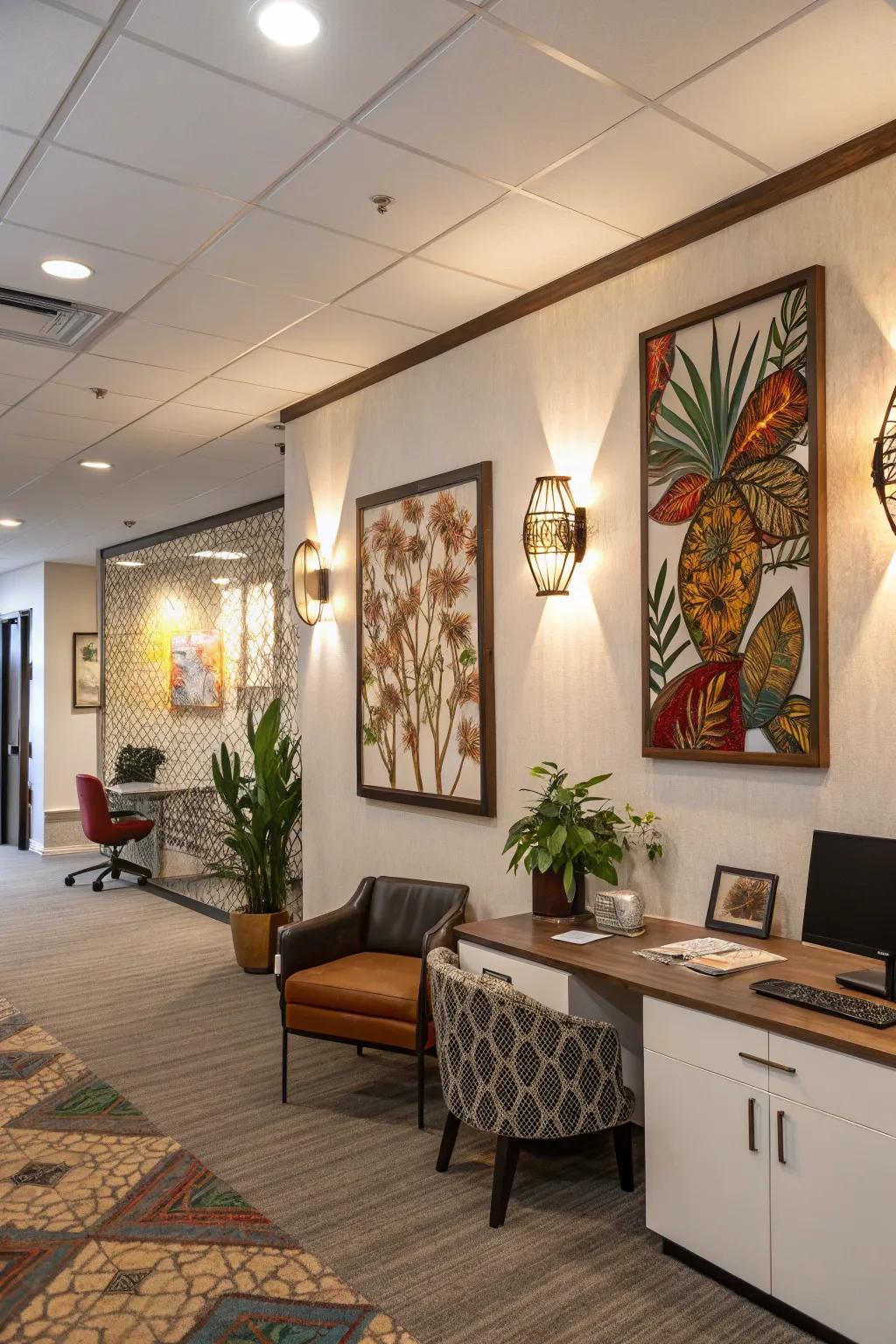 Unique wall lights serving as decorative accents in the office.