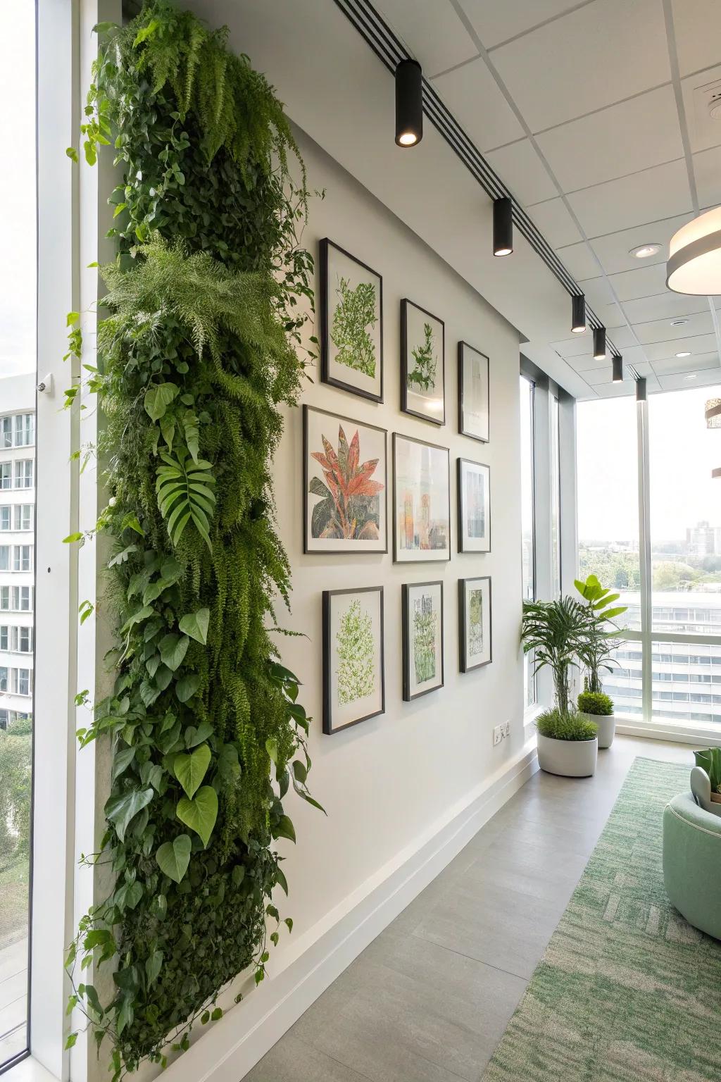 A calming office space featuring greenery that brings nature indoors.