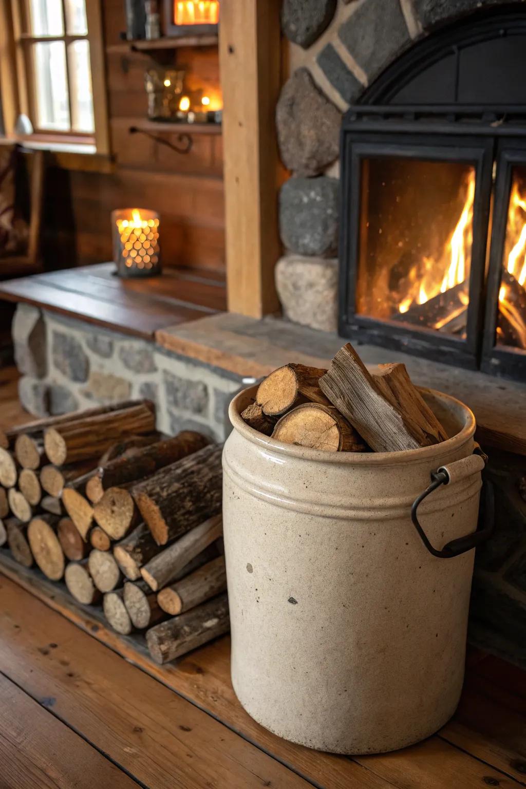 Unite usefulness and flair with a jug functioning as a repository for firewood.