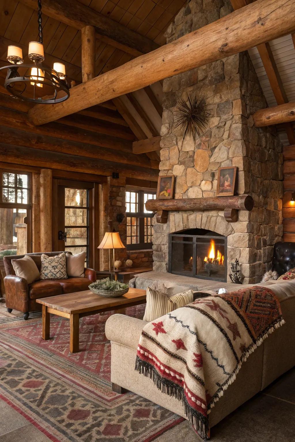 Rustic cabin featuring a natural color scheme and comfortable furnishings.