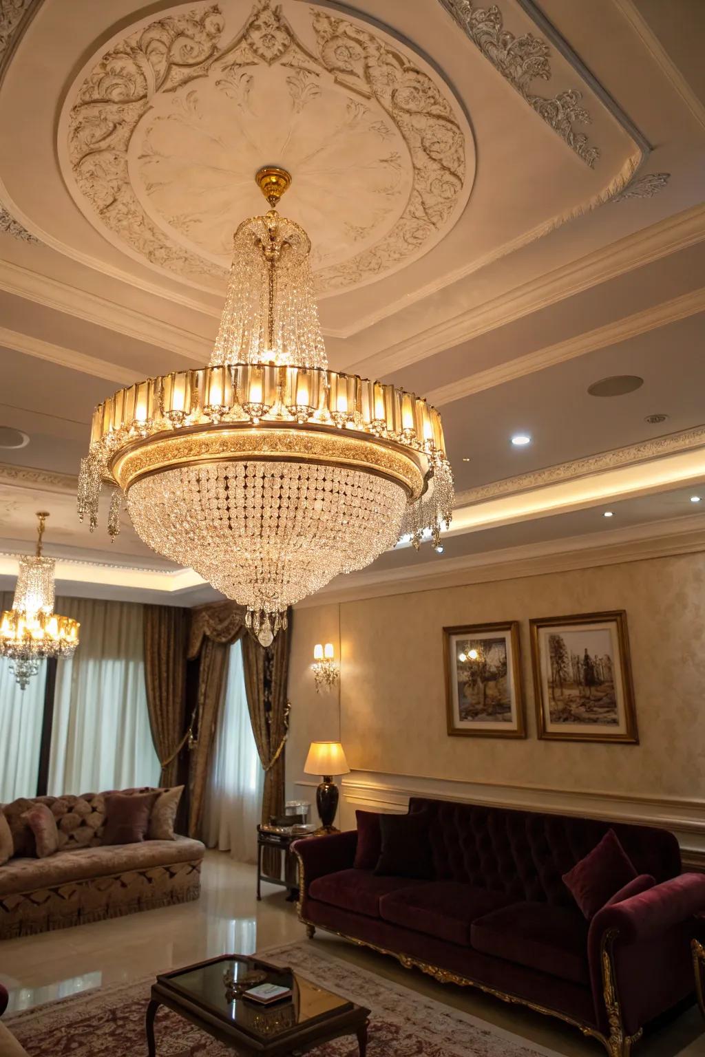 A lavish overhead light elevates the grandeur of your lounge.