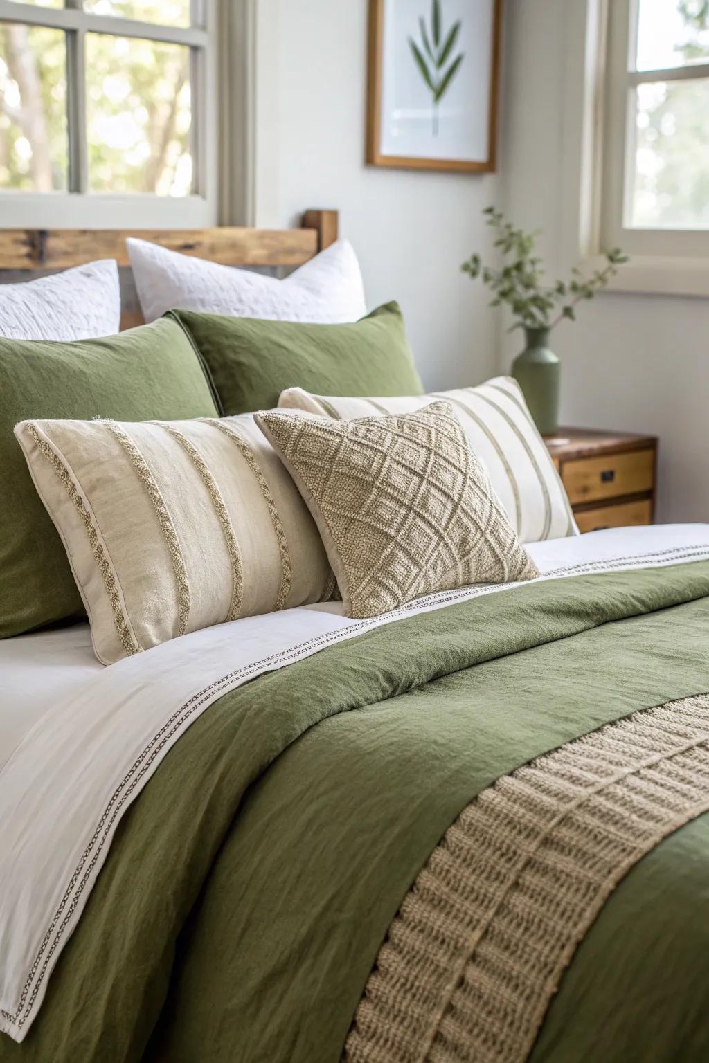 Pillows in contrasting colors highlight the rich shade of olive green bedding.