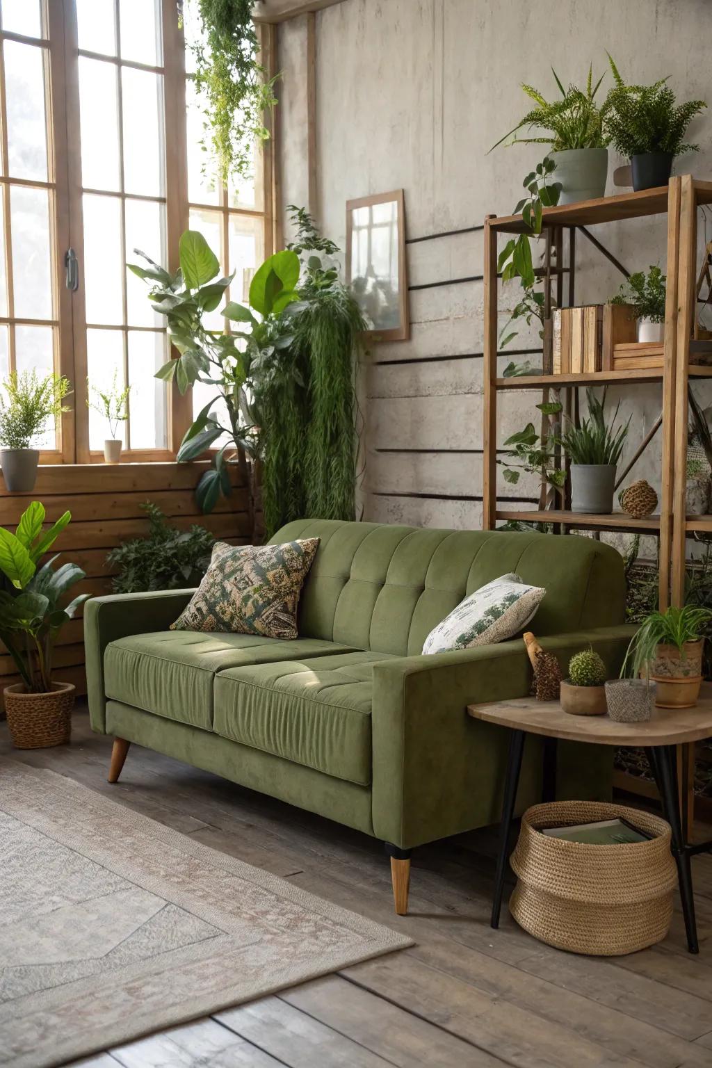 Indoor plants amplify the earthy ambiance of an earthy-toned settee.