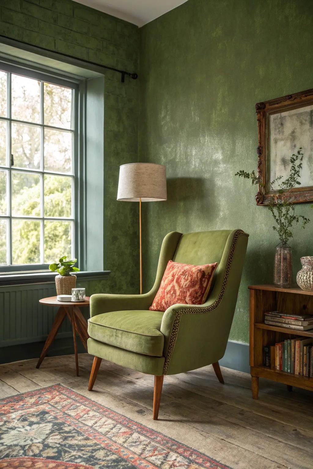 A classic armchair introduces a striking juxtaposition against verdant olive walls.