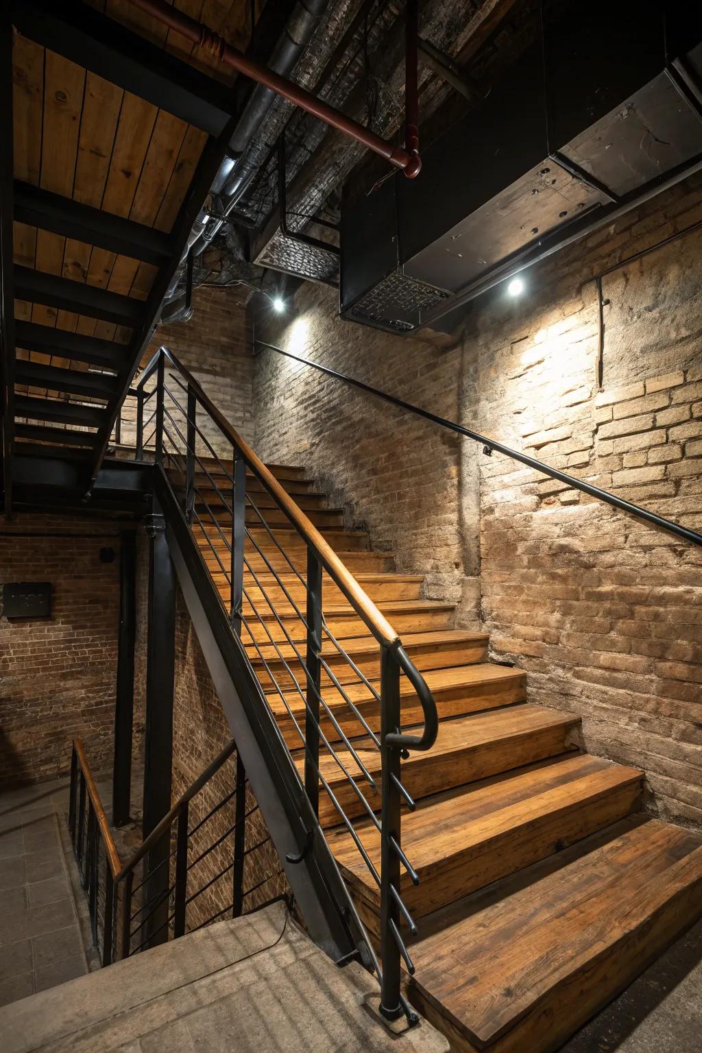 Wooden steps paired with metal railings, showcasing an industrial yet homespun appeal.