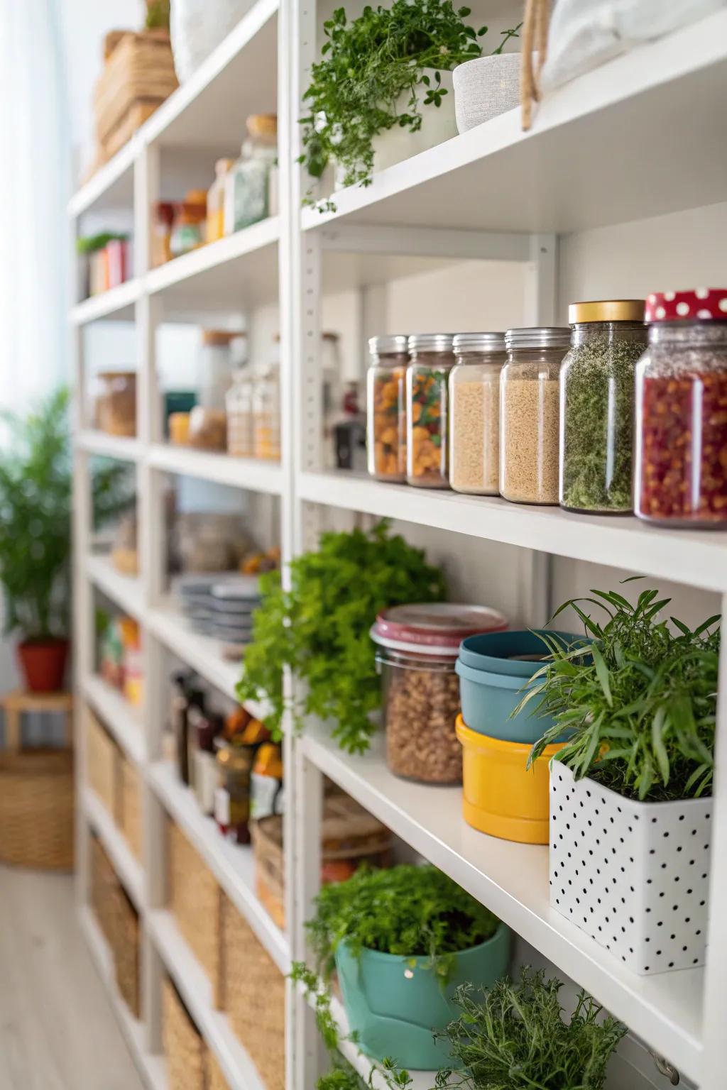 Adding greenery to pantry shelves brings a fresh and lively touch.