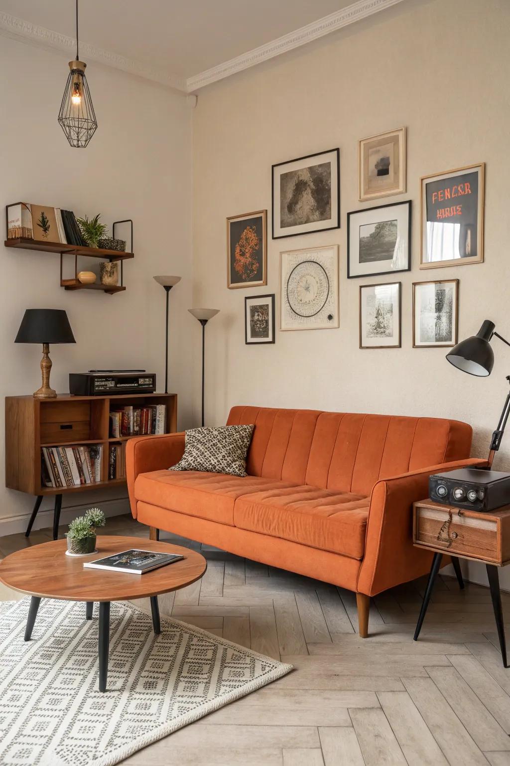 A retro lounge featuring a striking orange couch as a focal point.