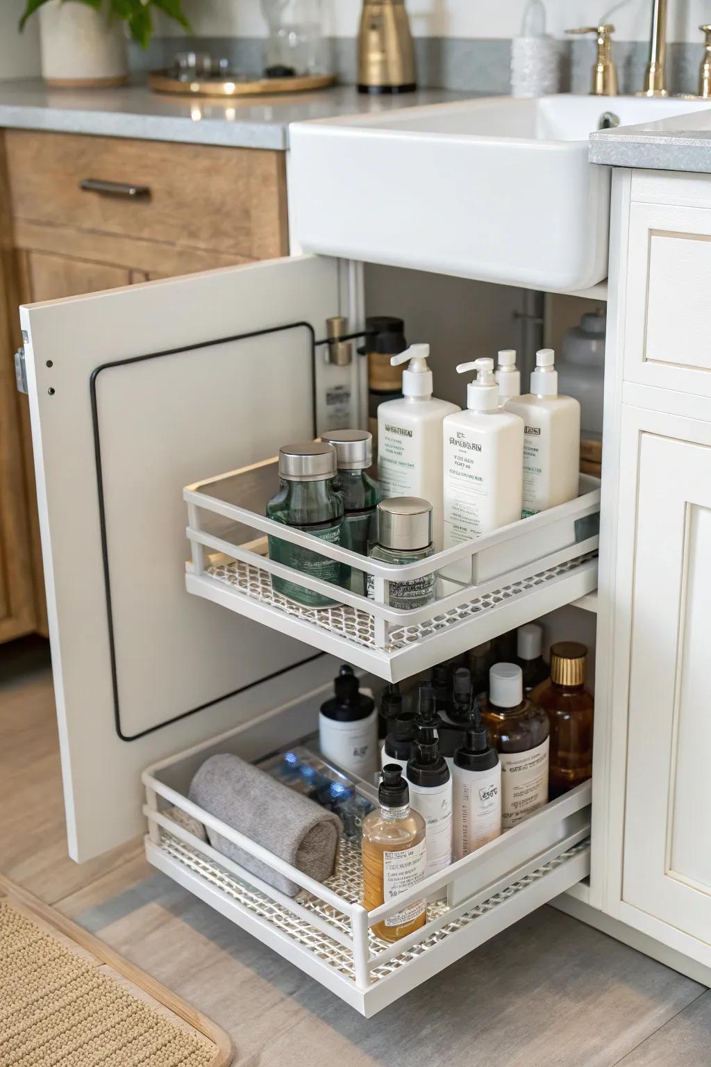 Multi-level shelves optimize vertical space under your sink.