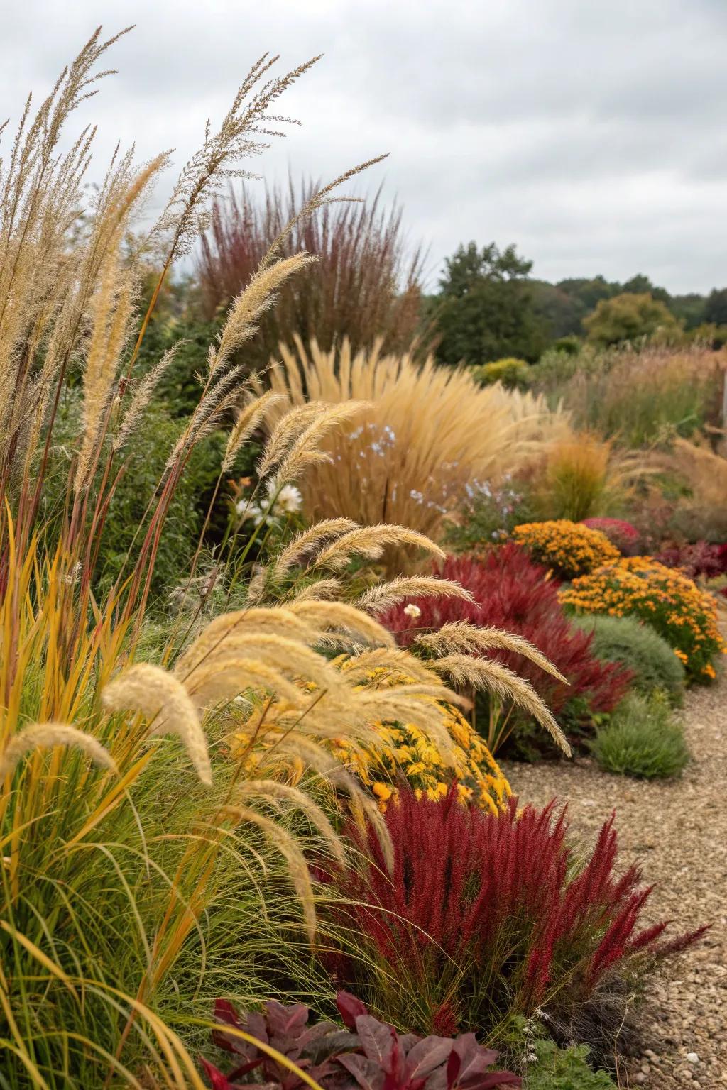 Seasonal color changes in ornamental grasses add year-round interest.