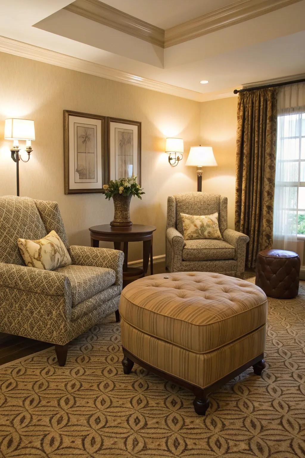 An ottoman providing versatile seating in a cozy setting.