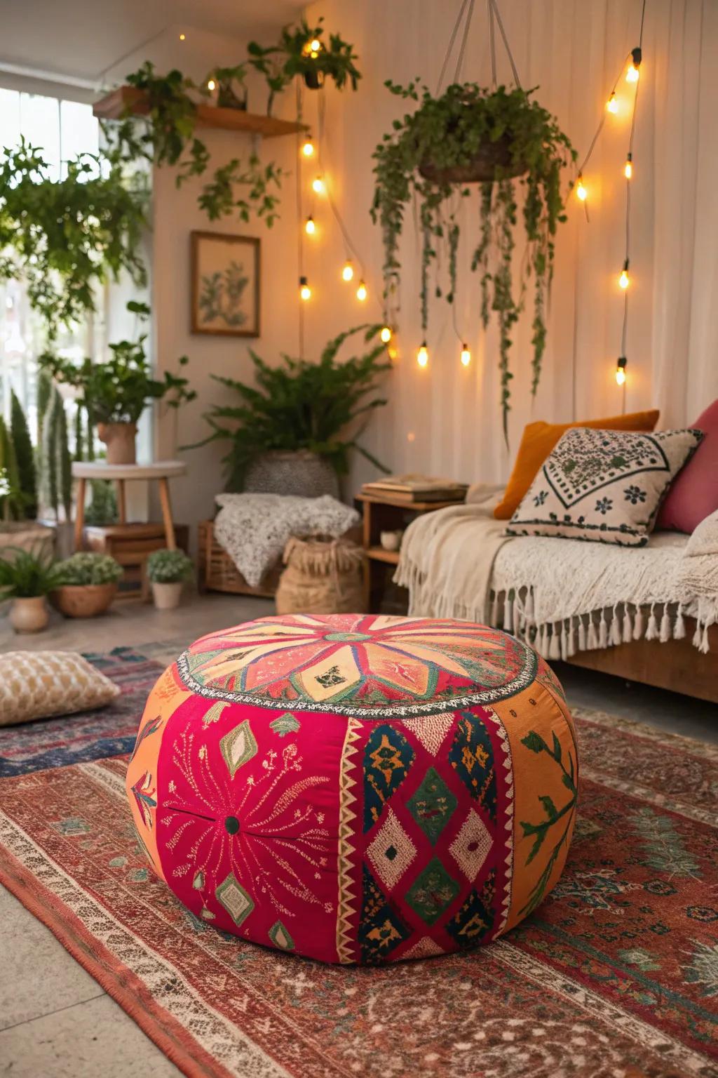 A bohemian pouf ottoman enlivens a vibrant living space.