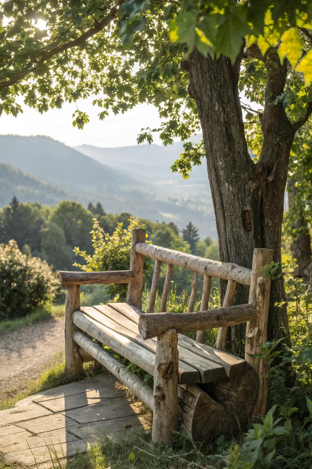 Natural beauty with a raw wood bench in a lush outdoor sanctuary.
