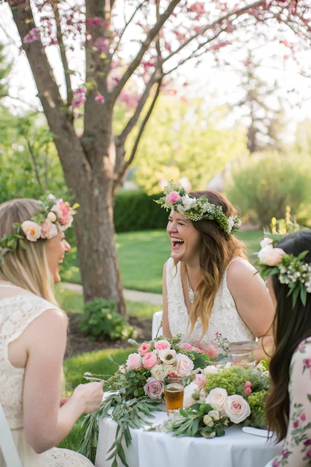 Attendees making stylish botanical crowns intended for a bohemian chic effect.