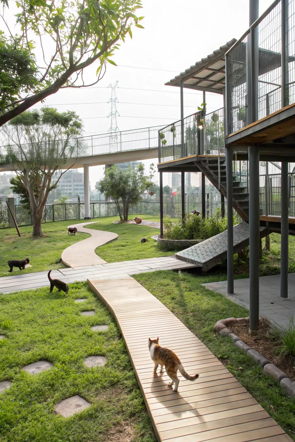 Varied terrain with heights and ground spots for adventurous cats.
