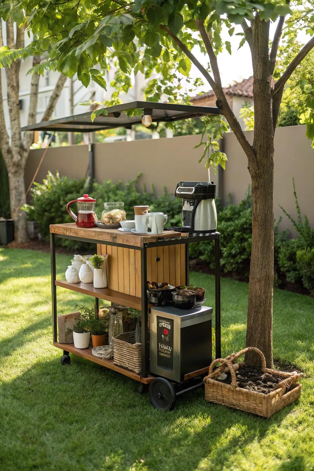 A versatile mobile java cart ready to roll out anywhere in the yard.