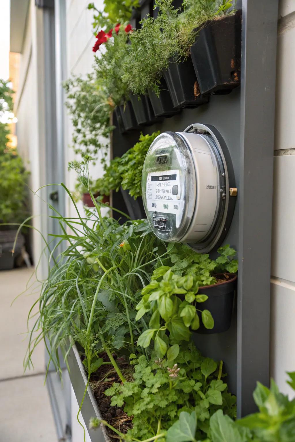 A planter introduces verdure and exquisitely camouflages your meter.
