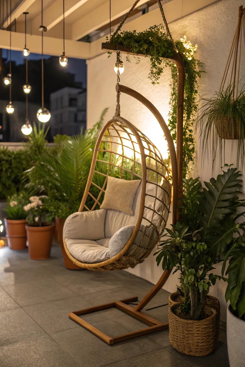 Swing chairs add whimsy and relaxation to any patio.