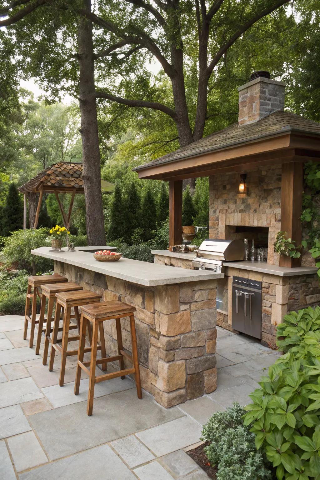 A rustic stone-finished outdoor kitchen bar in a natural setting.