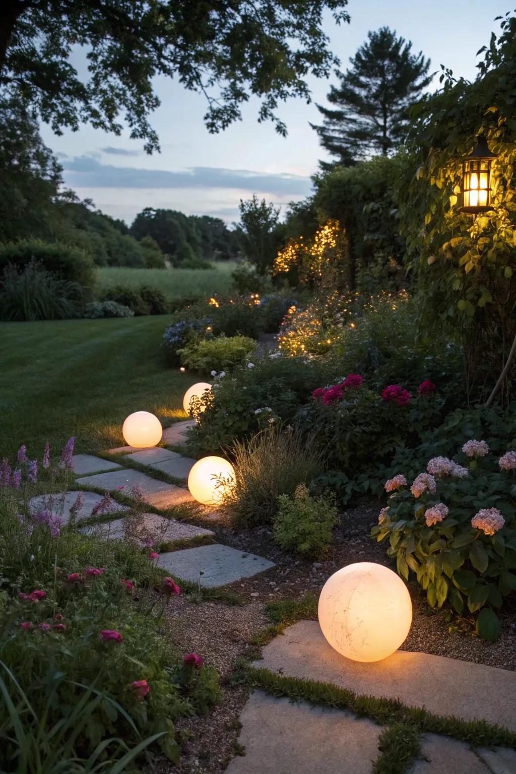 Bring a modern element using glimmering orbs within the garden.