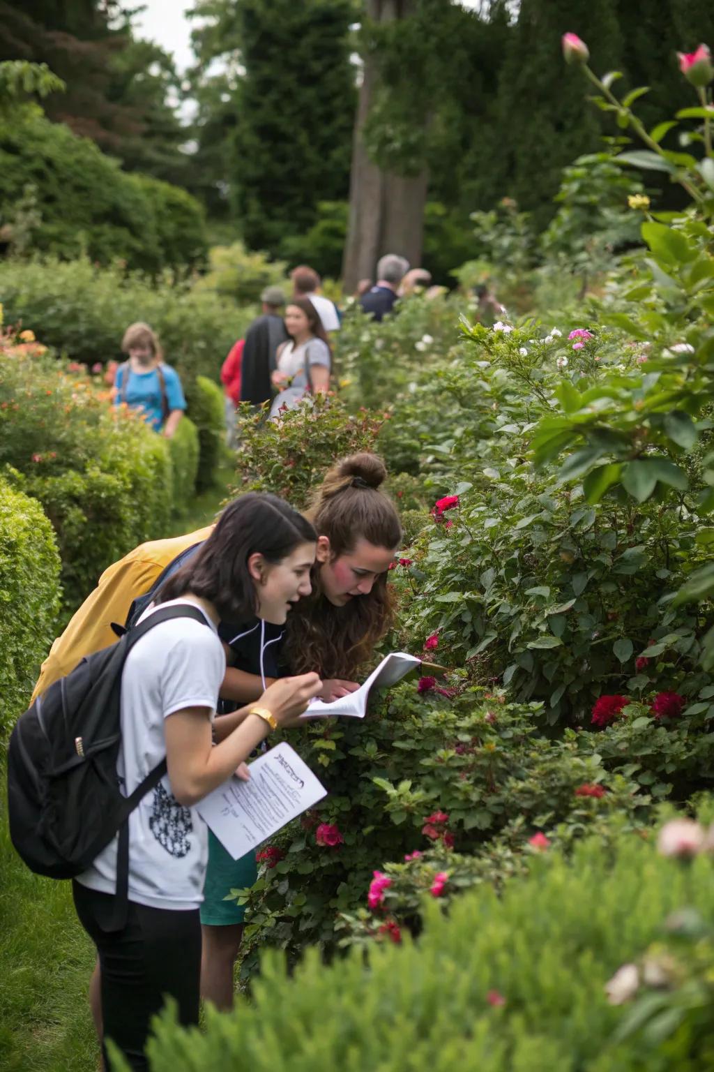 Companions reveling in an exploration quest amidst a verdant garden.