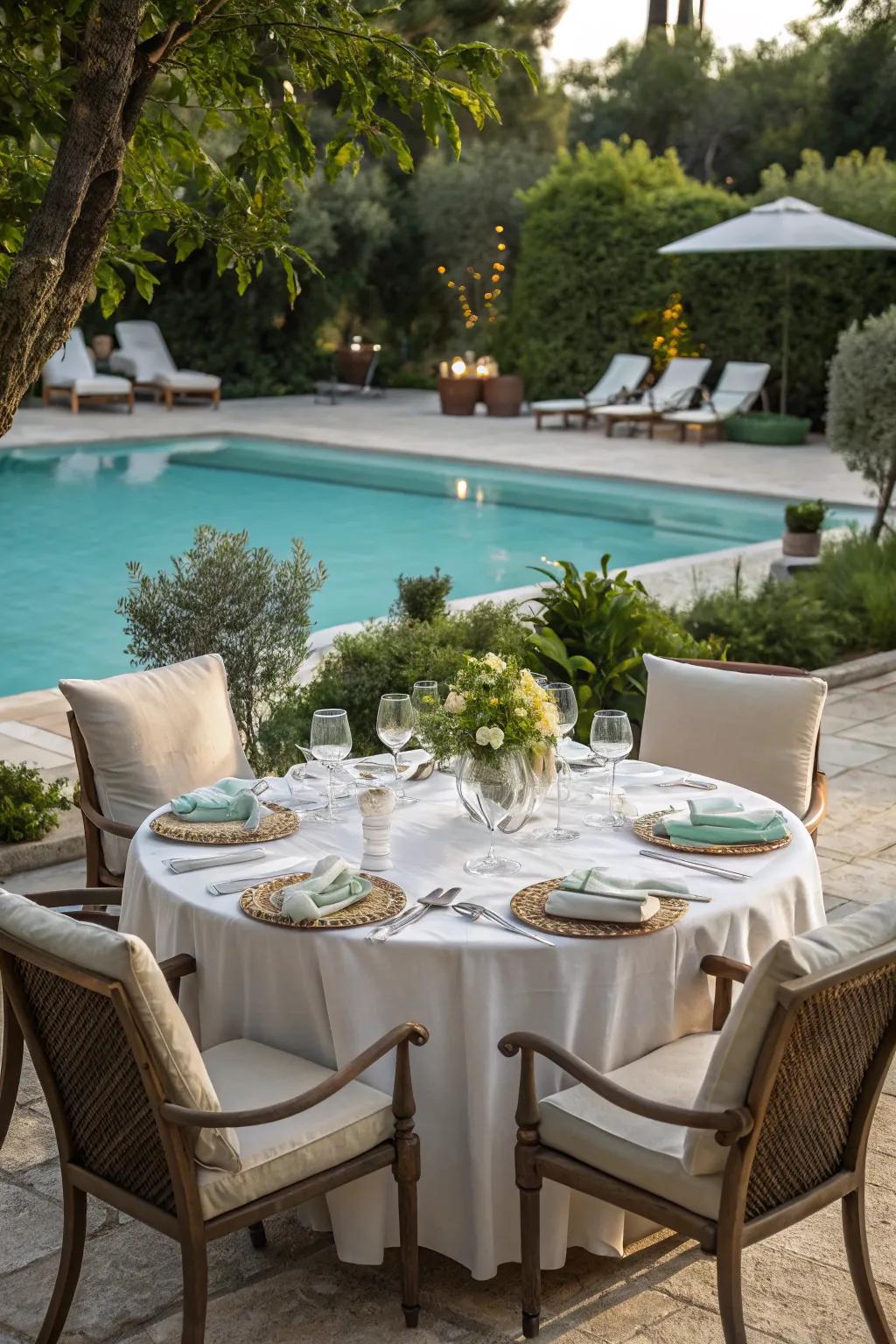 Dine fashionably by the pool with an elegant outdoor arrangement.
