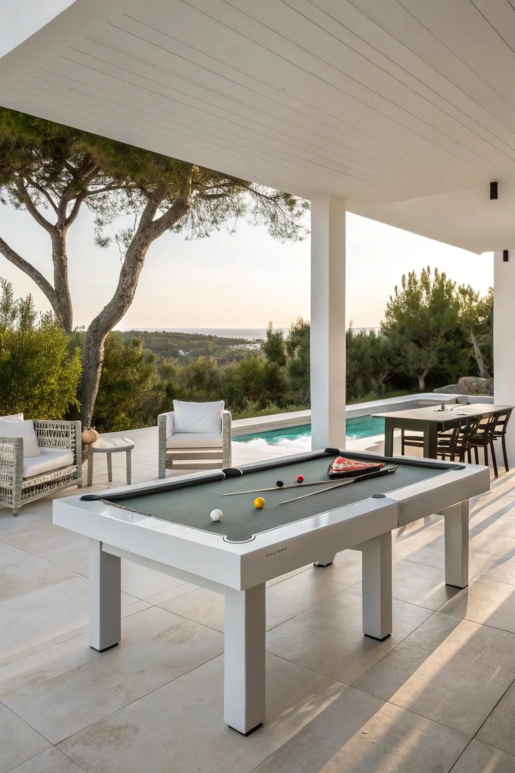 A sleek, modern outdoor snooker table setup with minimalist furniture.