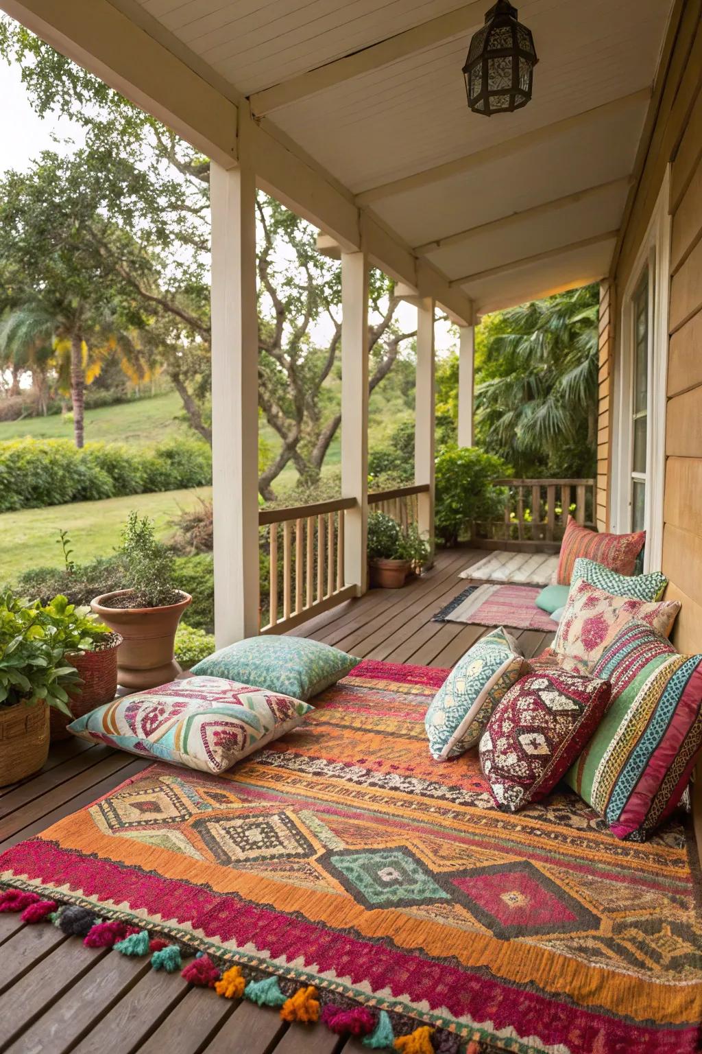 Vibrant textiles contribute a sense of warmth and personality to this porch.