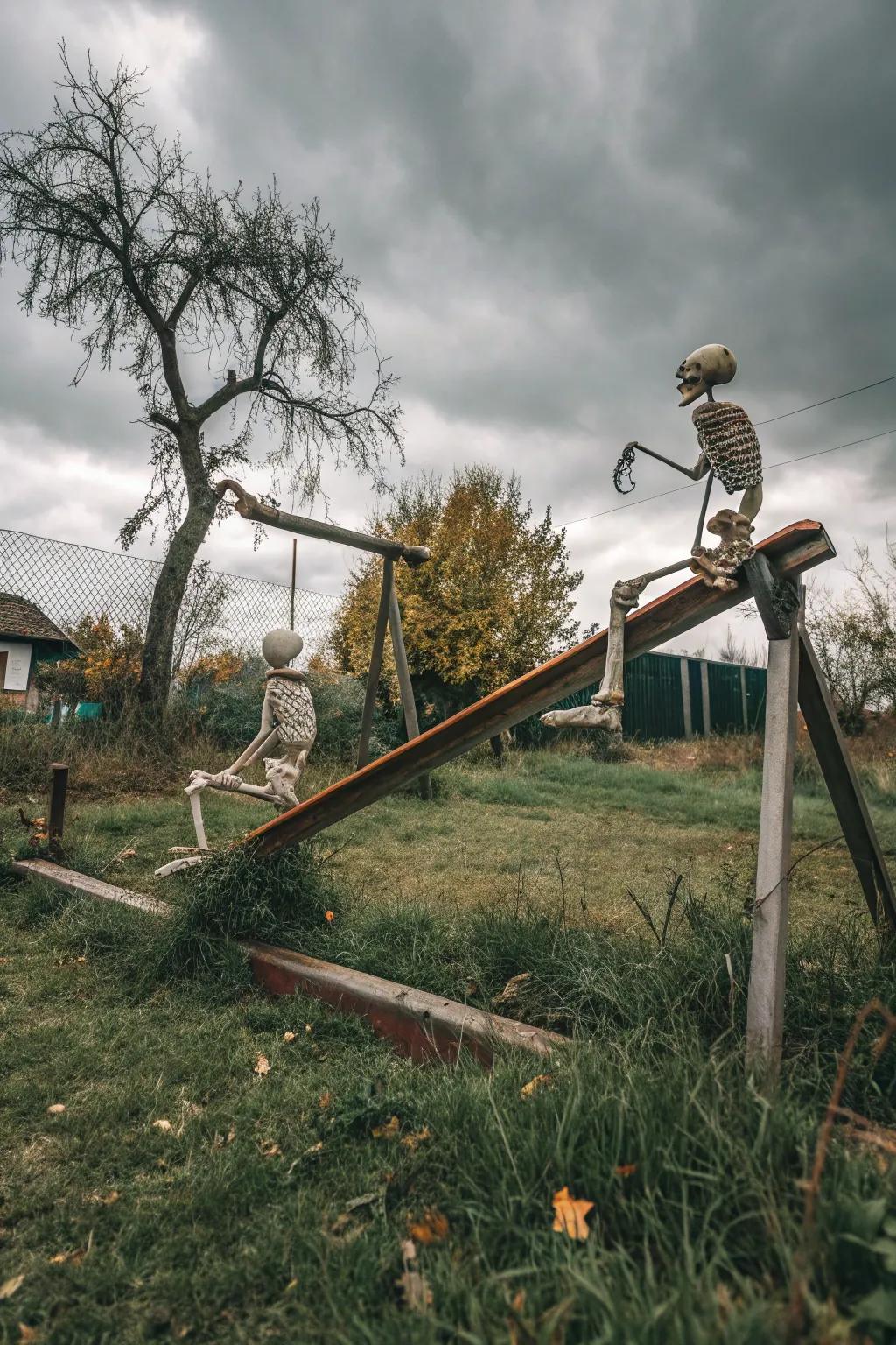 <strong><em>Skeletons</em></strong> joyfully playing on the seesaw.&rdquo; loading=&rdquo;lazy&rdquo; class=&rdquo;pimg&rdquo;>
	</picture><figcaption><strong><em>Skeletons</em></strong> joyfully playing on the seesaw.</figcaption></figure>
<p>Introduce a playful vibe to your yard with <strong><em>skeletons</em></strong> enjoying a seesaw ride. This whimsical setup is guaranteed to bring smiles and a touch of nostalgia to your Halloween decor.</p>
<h3>Try these:</h3>
<ul class=
