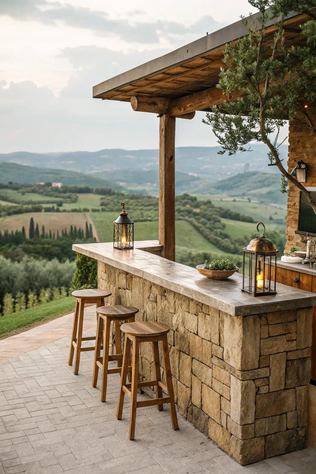 A rustic farmhouse stone bar blending seamlessly into the countryside.