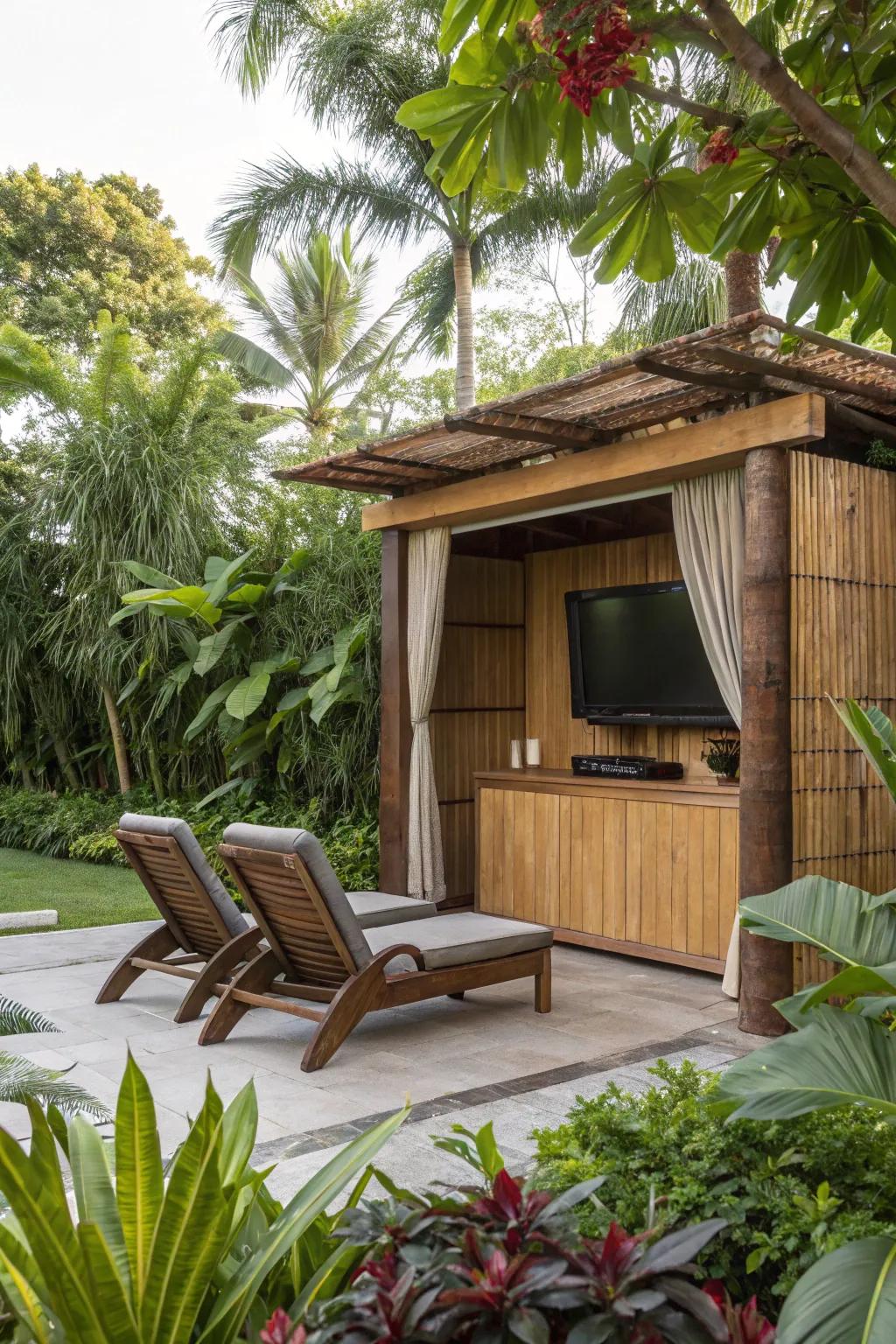 Bring the tropics to your home with a TV enclosure accentuated with bamboo.