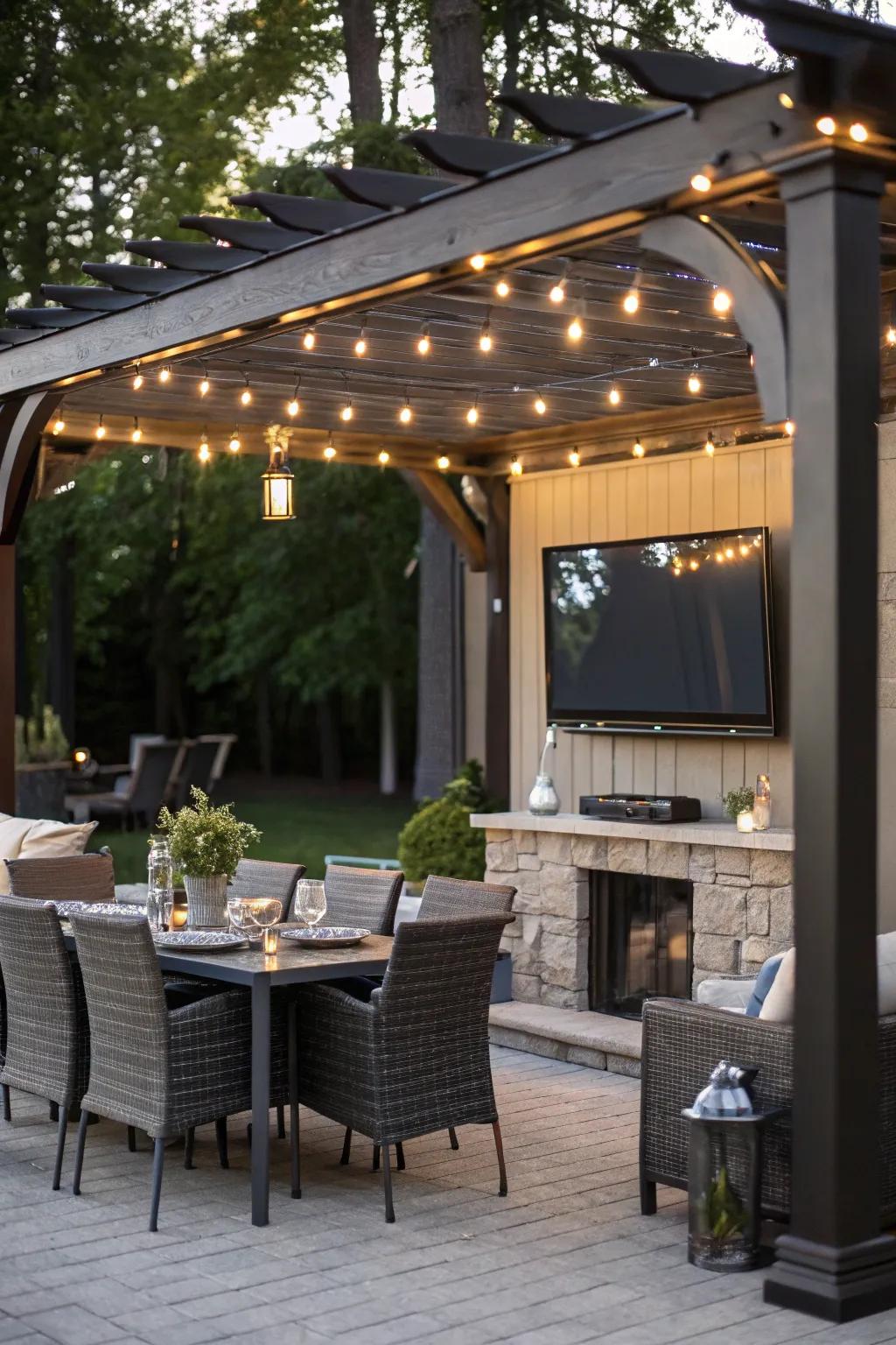A TV under a pergola merges style and practicality in outdoor spaces.
