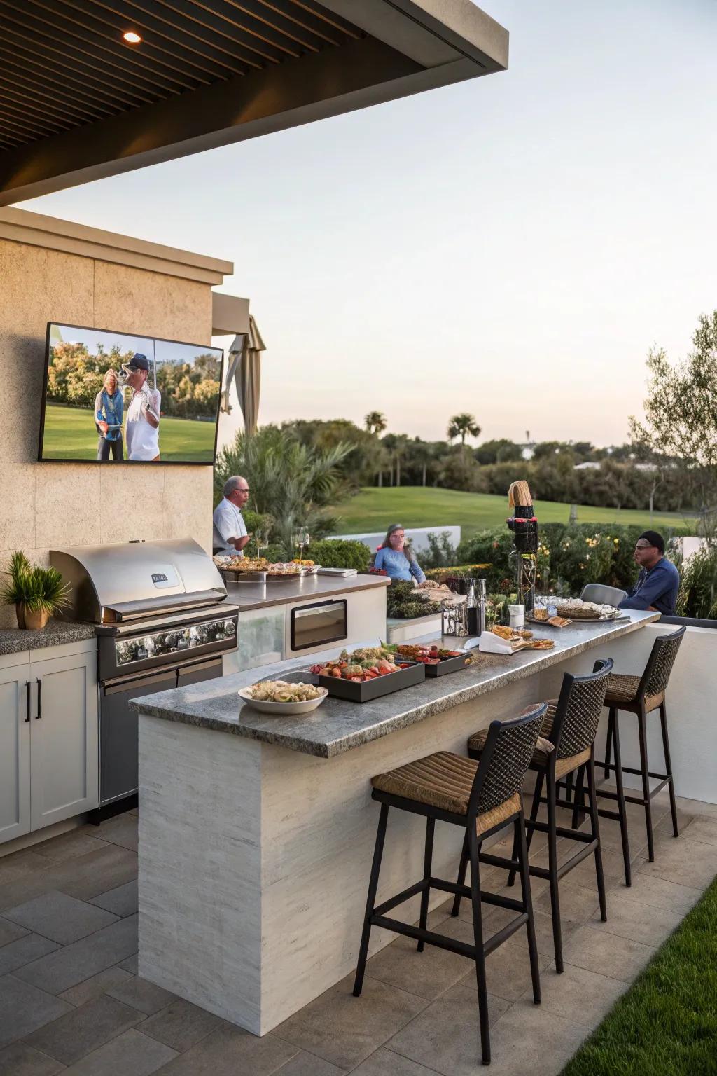 An outdoor kitchen complements your TV arrangement, perfectly suited for gatherings.