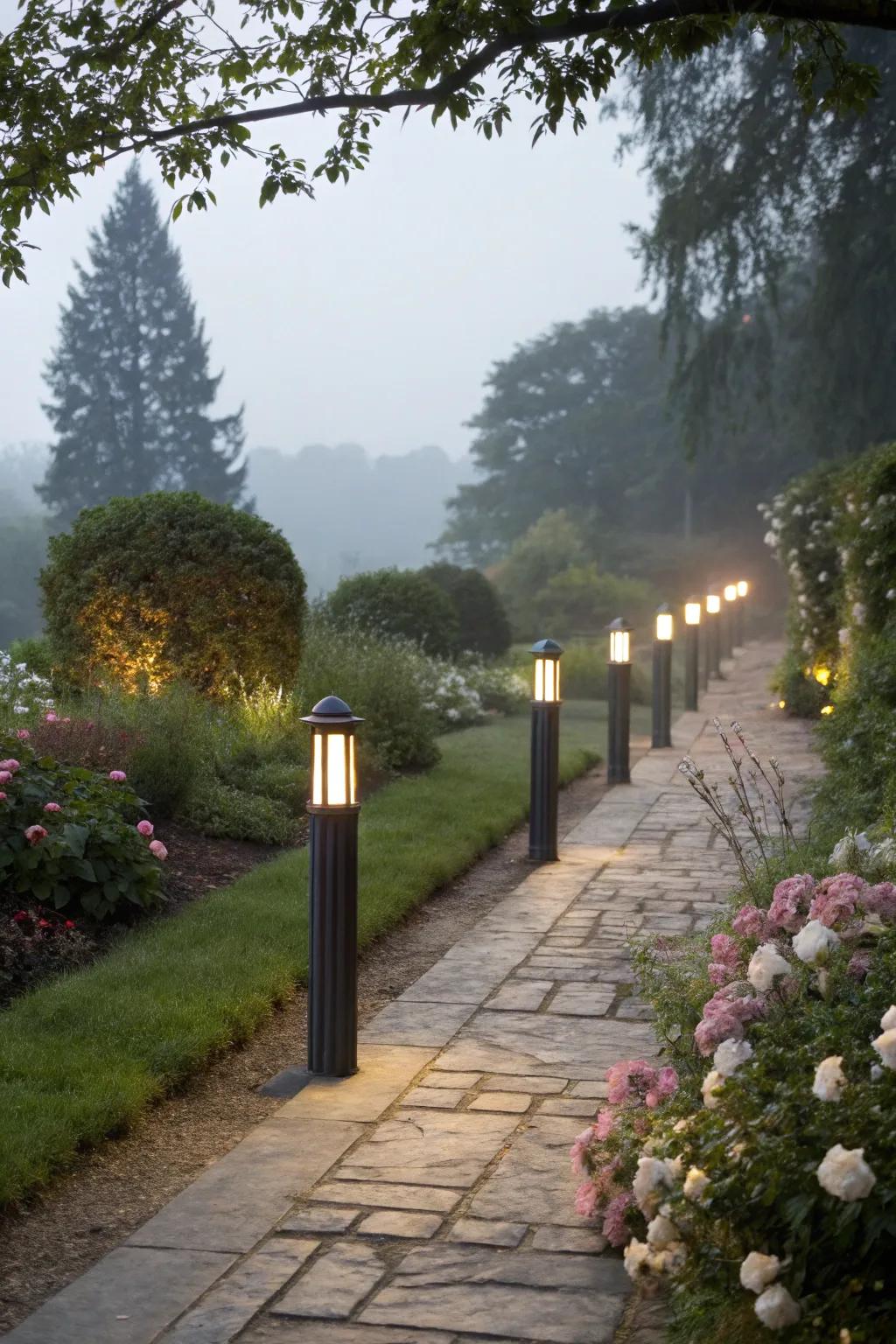 Sophisticated bollard lights for defined pathways.