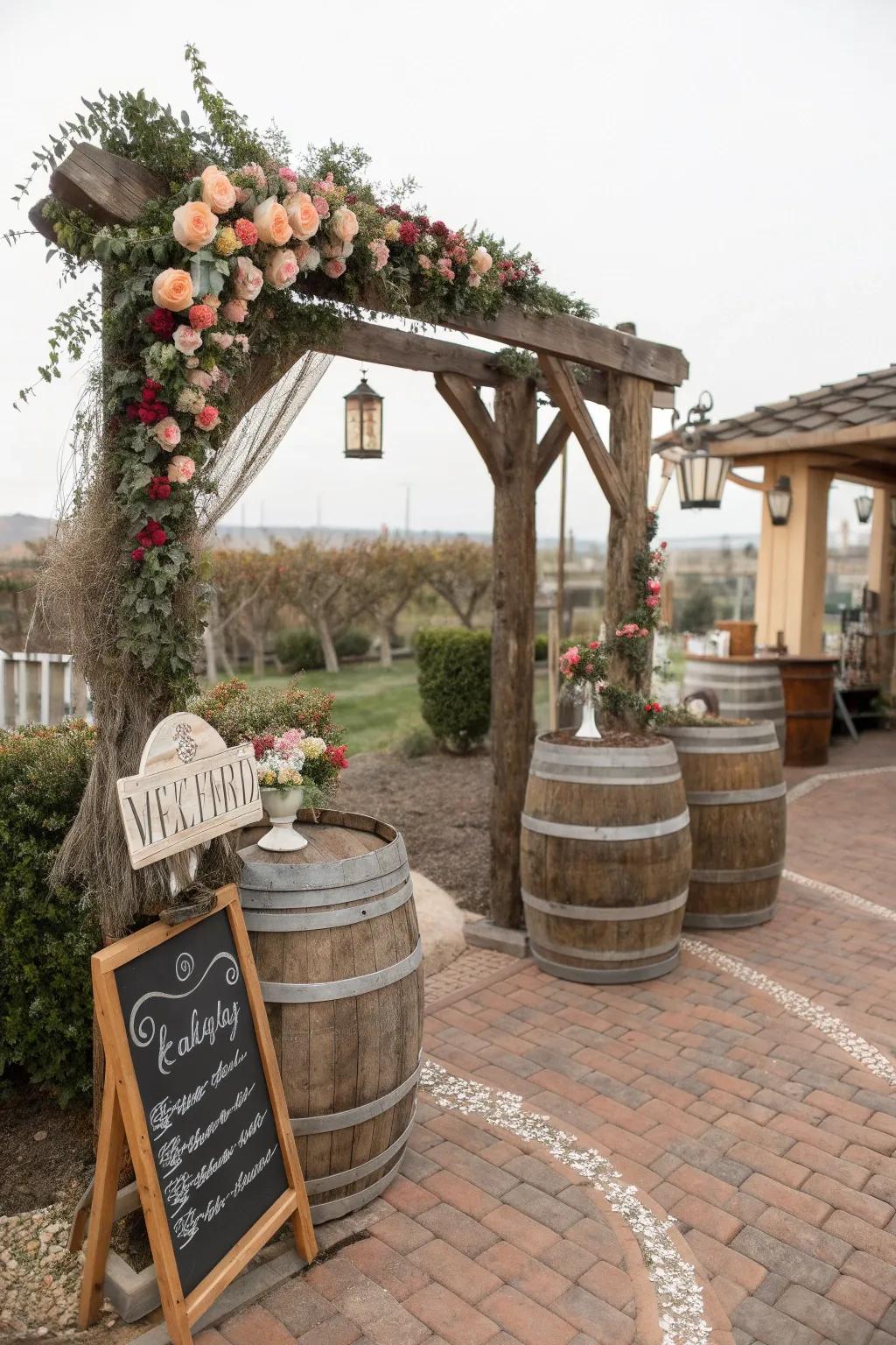 Infuse charm using country-style complements, such as casks and timber markers.