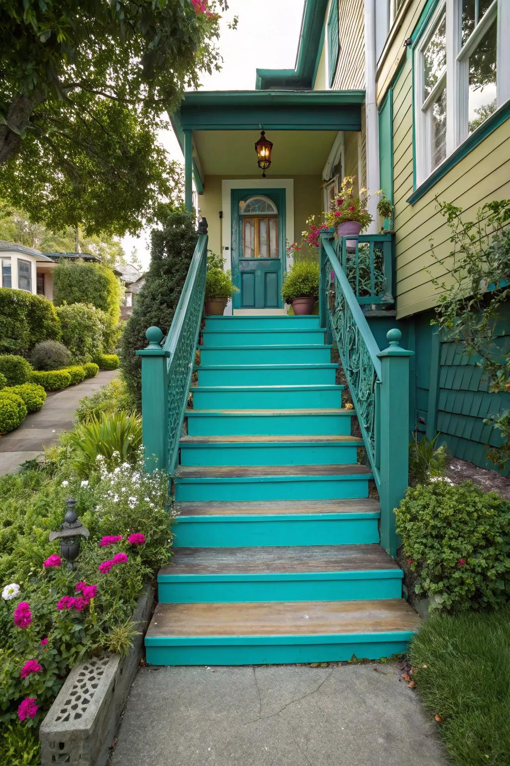 Radiant turquoise steps that create a bold entrance.