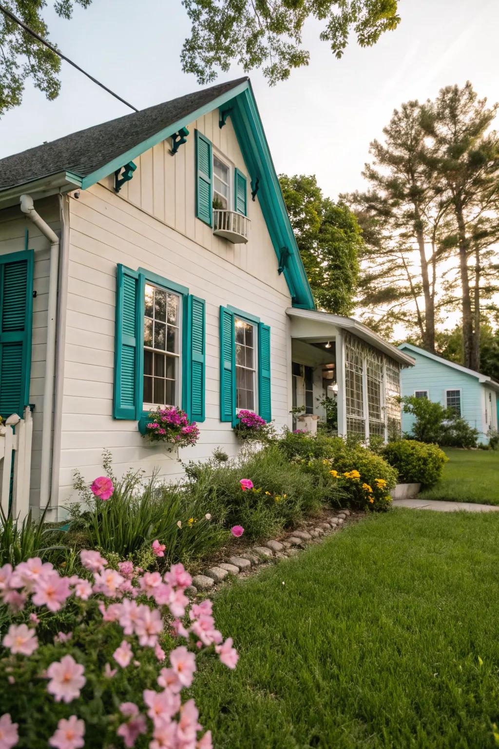Charming house showcasing vibrant teal blinds.
