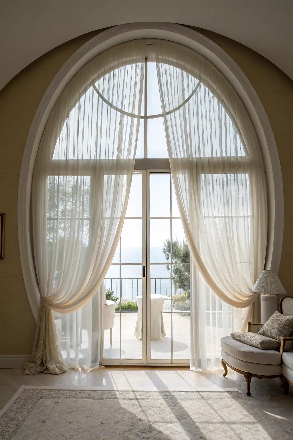 Sheer drapes with blinds create a dreamy atmosphere.