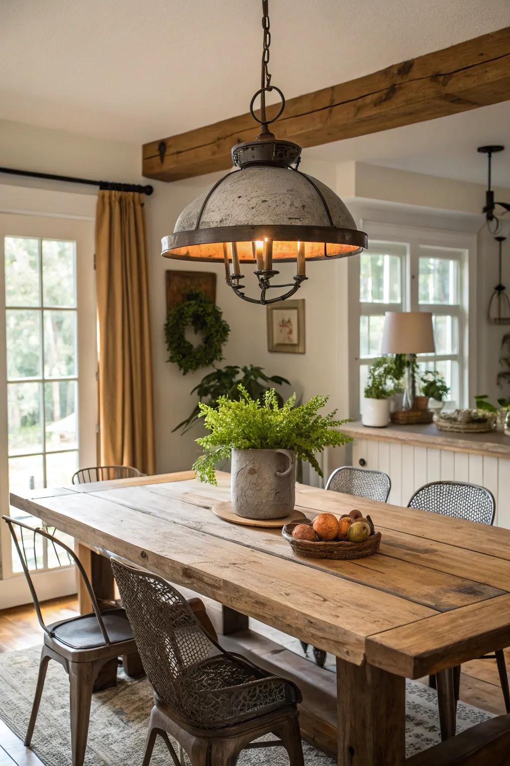 Country house illumination enriches the dining area with warmth and distinction.