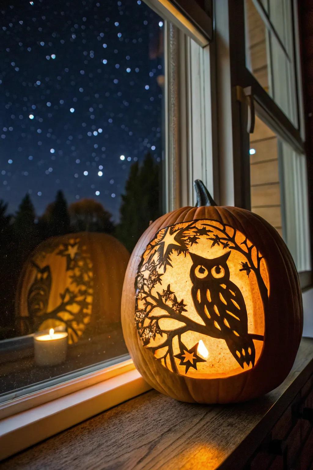 A moonlit owl silhouette evokes the enchantment of a night filled with stars.