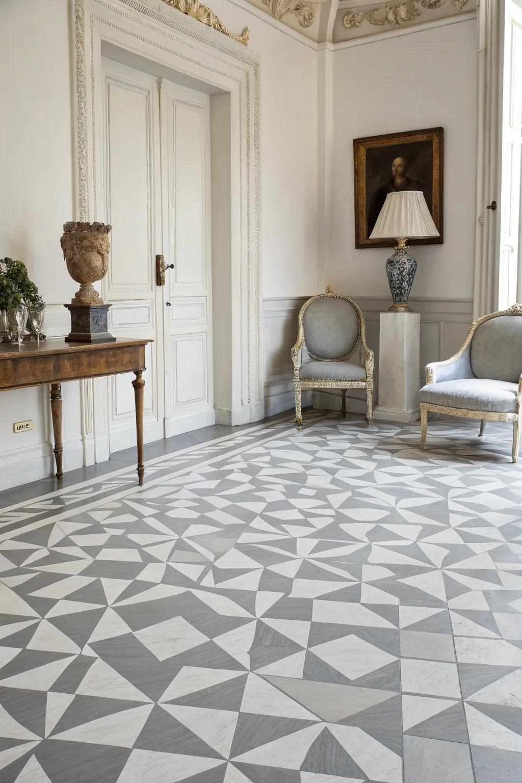 An elegant room featuring monochrome painted floors, radiating timeless sophistication with minimalist decor.