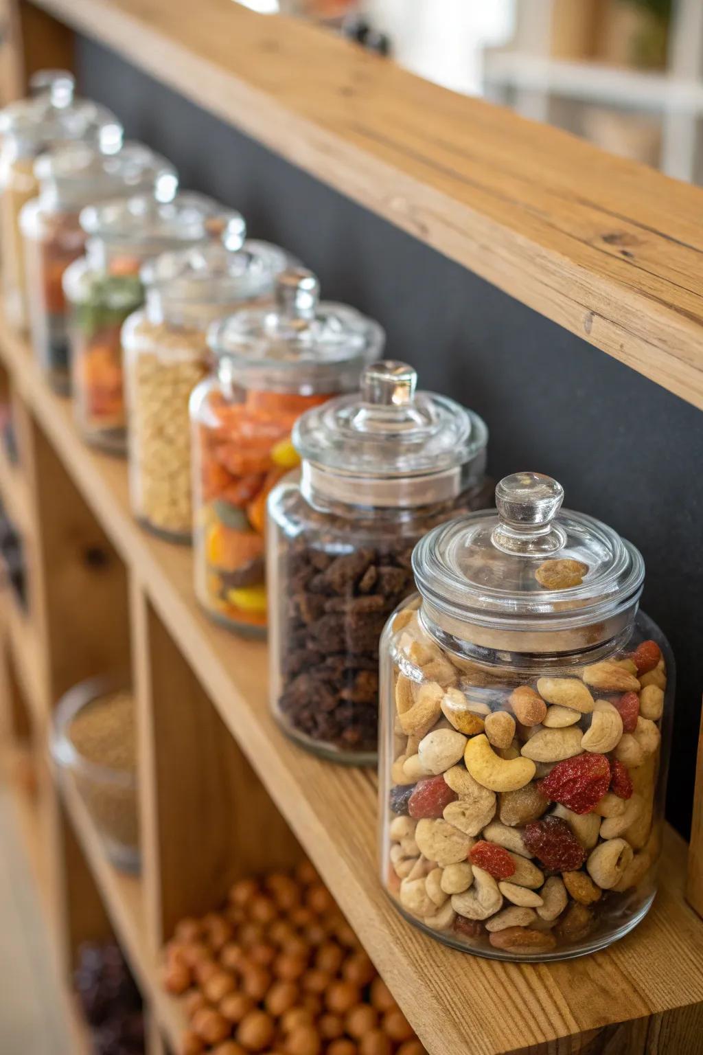 Glass jars evoke a timeless sentiment whilst preserving snack freshness.