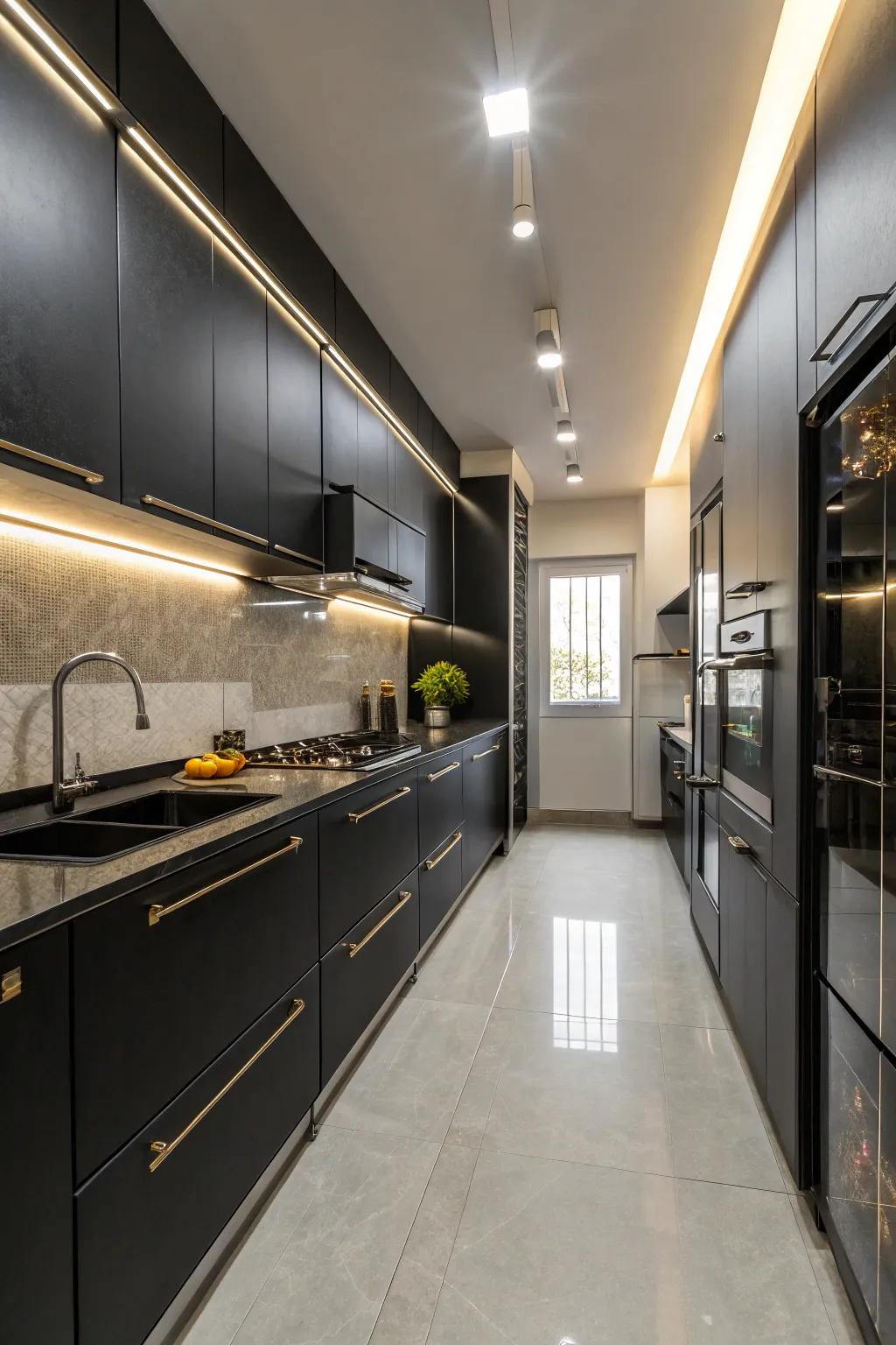 An elegant dark kitchen design radiates modern sophistication.