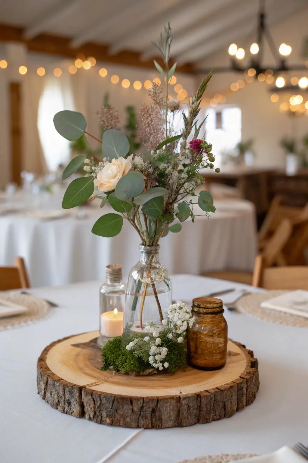 A rustic centerpiece highlighted by wooden elements.