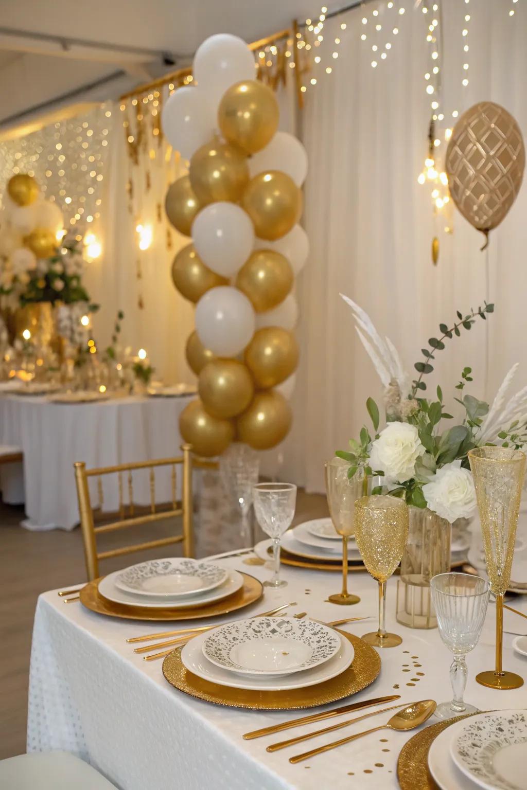 A gold and white theme adds a touch of class to any celebration.