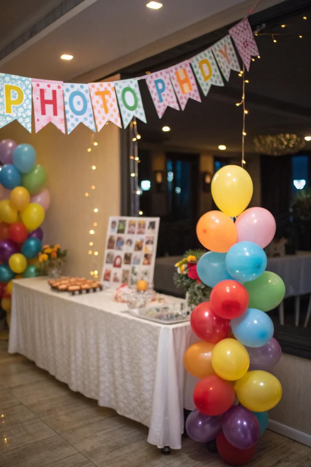 Celebratory accents such as balloons and banners infusing the table with festive cheer