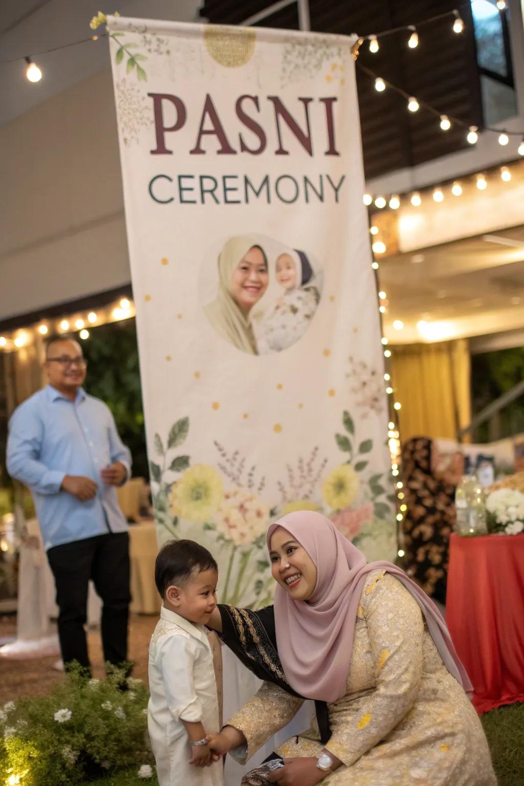 A tailored banner adds a custom feature to the rice-feeding ceremony.