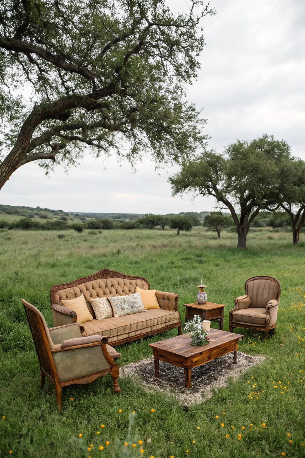 Classic furniture arranged as a space in the pasture.