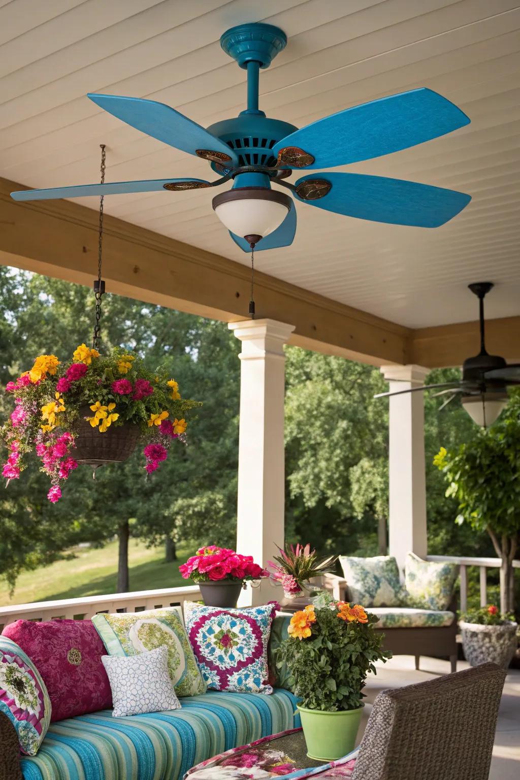A lively patio with a ceiling fan showcasing stunning blue wings.