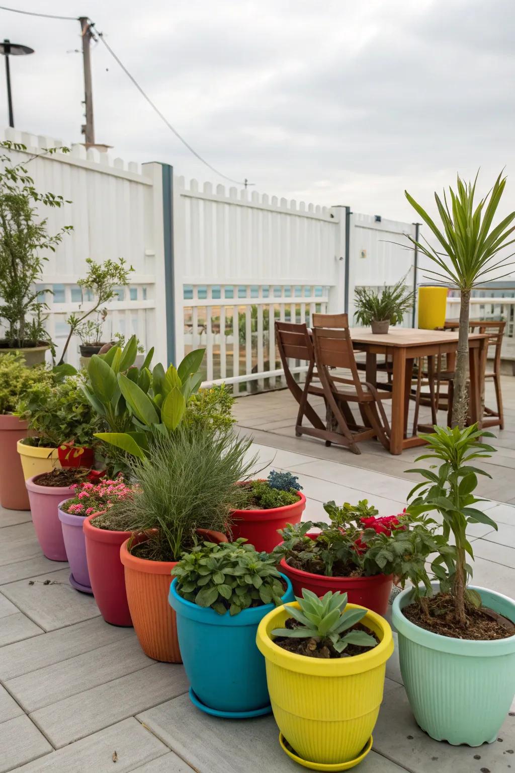 An assortment of potted plants bringing lushness to a patio.