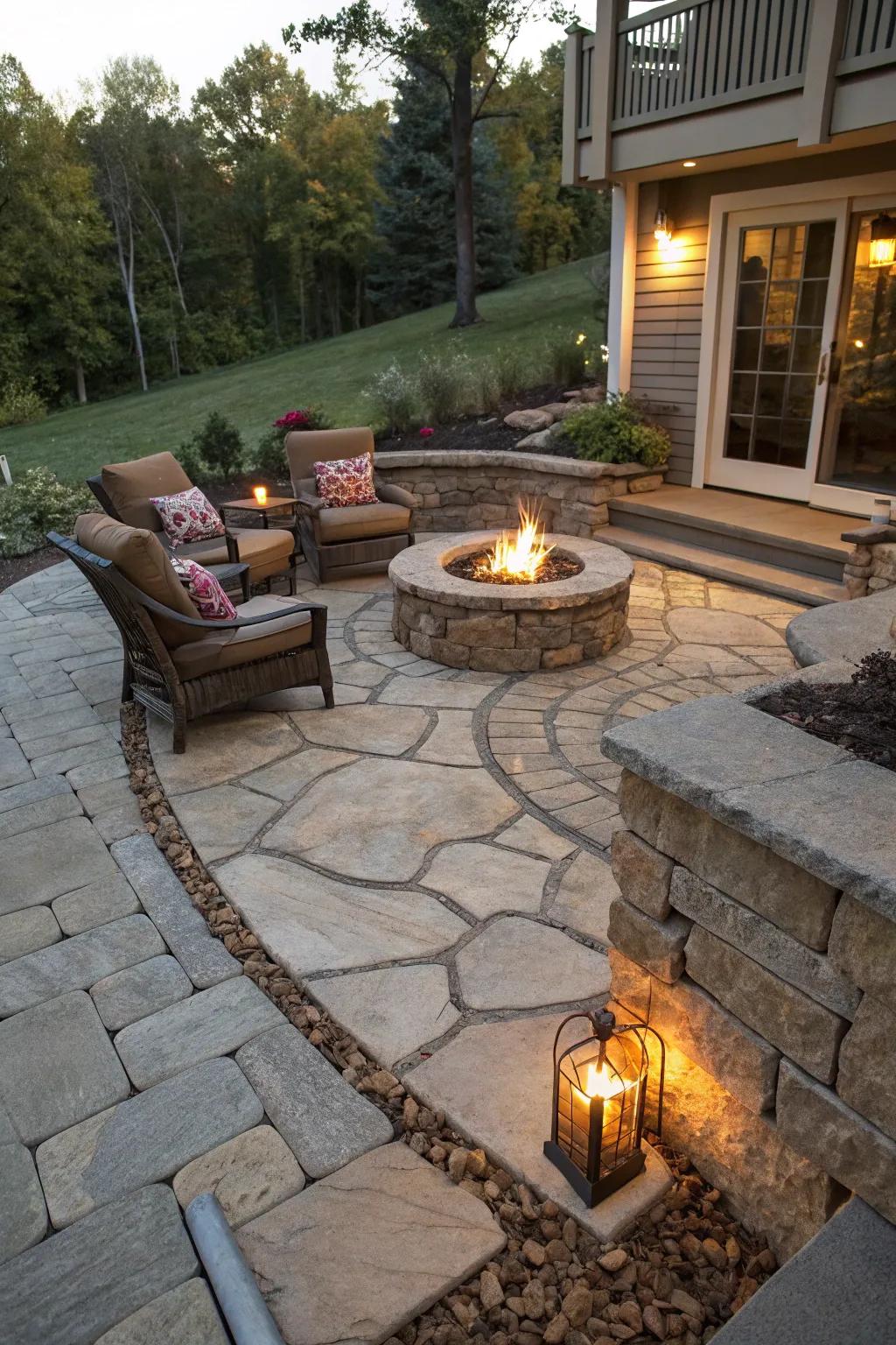 A built-in firepit introduces a polished and integrated patio aesthetic.